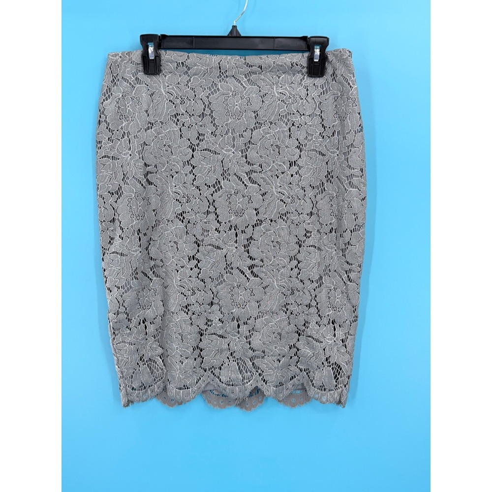 Lauren Ralph Lauren Skirt Women 6 Gray Floral Lace Pencil Lined Scalloped Hem